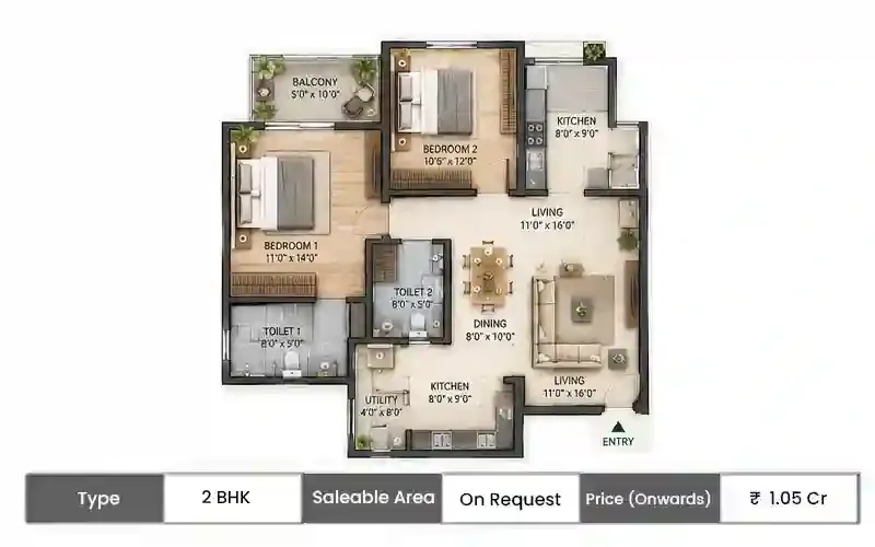Infinium Altitude 2 BHK floor plan, sq ft saleable area