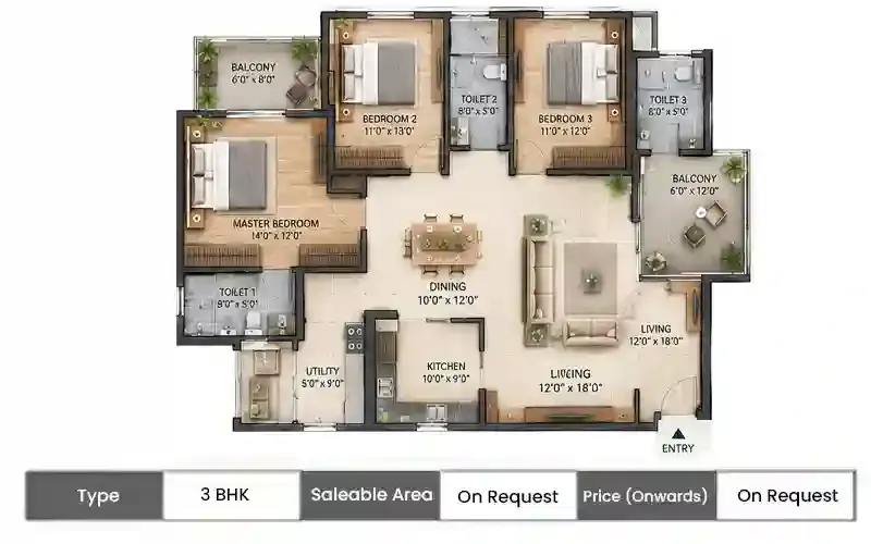 Infinium Altitude 3 BHK floor plan, sq ft saleable area